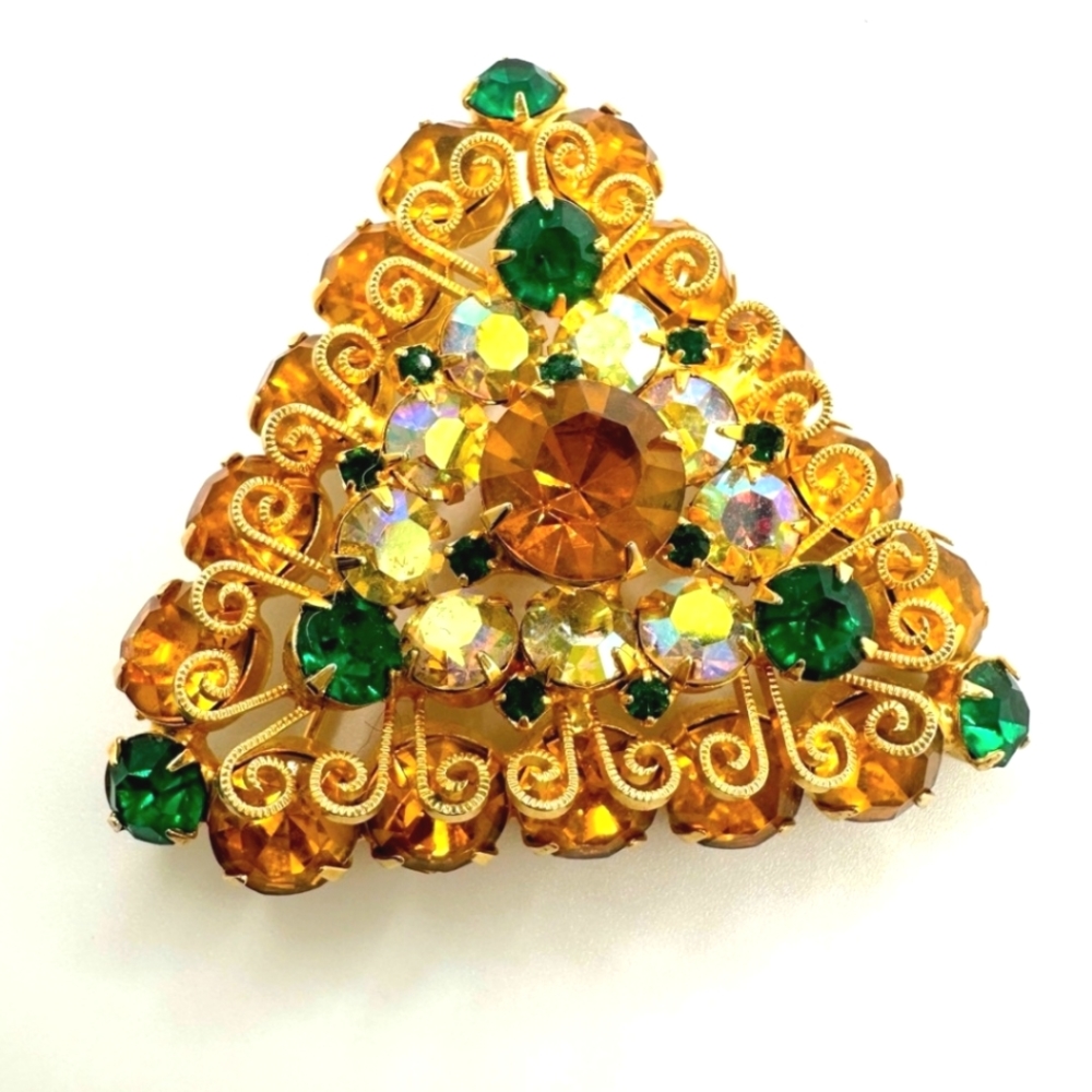 Glamorous Sparkling Hattie Carnegie Amber Emerald & AB Rhinestone Layered Brooch